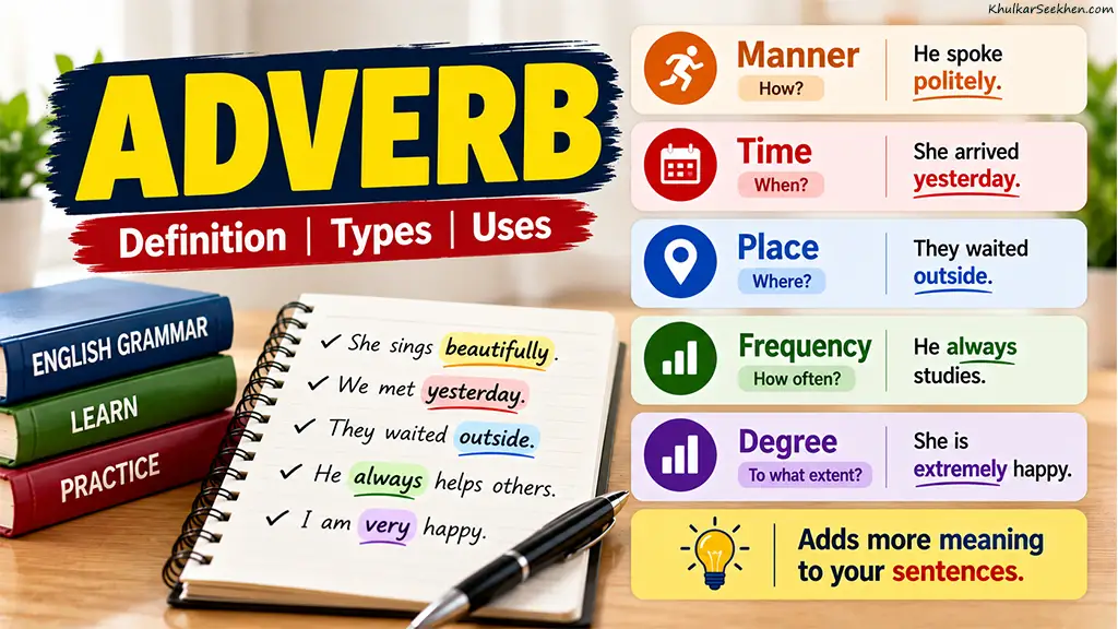 Adverb – Definition, Types, Uses, Rules, Examples and Exercises